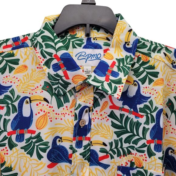EPMO Hawaiian Men Tropical Short Sleeve Shirt Toucan & Leaf Print Size Large - Picture 3 of 10